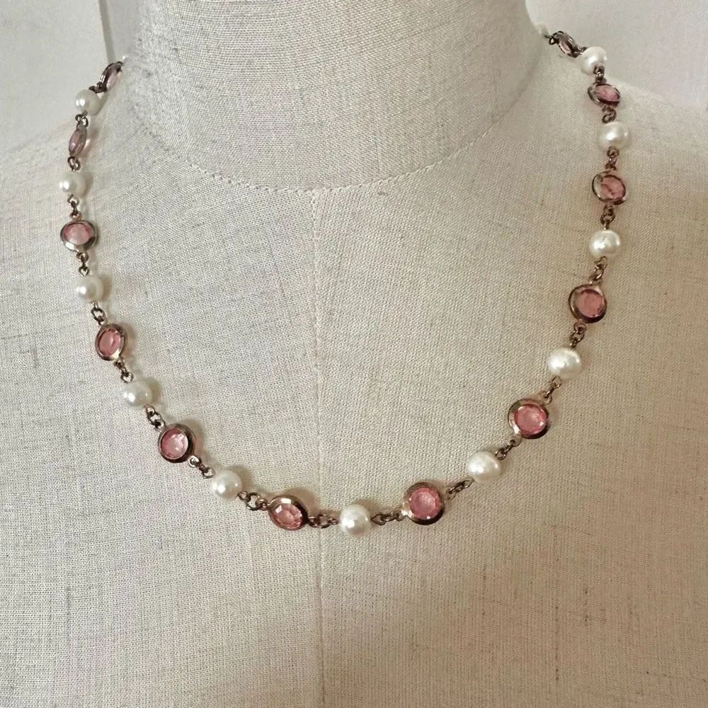 Pink and faux pearl long beaded necklace